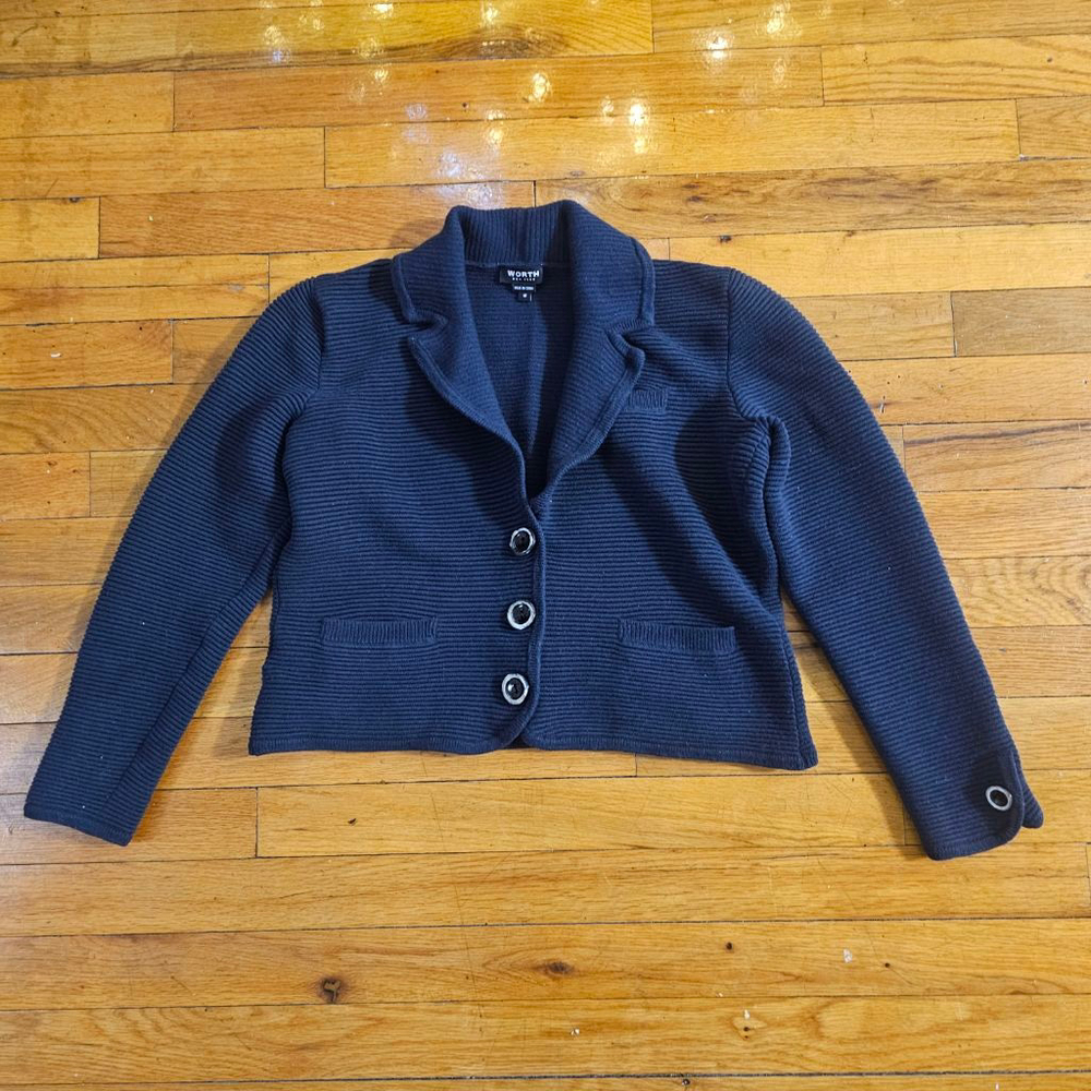 WORTH New York Navy Wool Ribbed Cardigan Medium